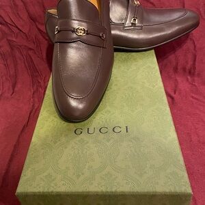 Brand New Men Gucci Brown Slip-On Loafers with Gold GG On The Front Of Loafer